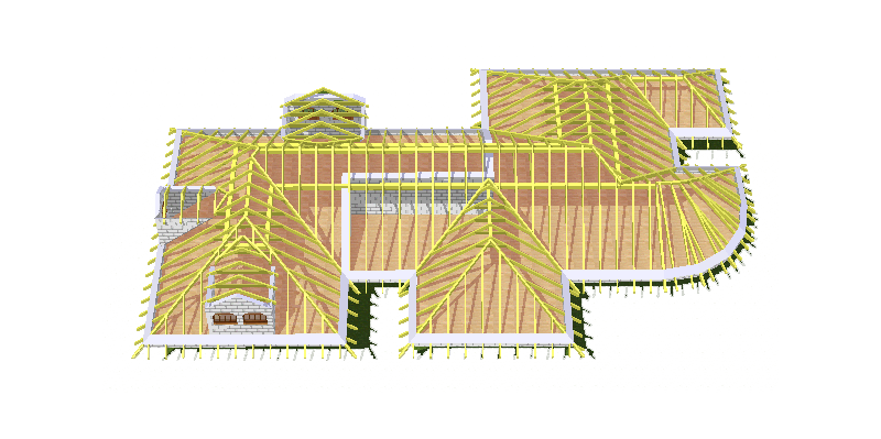 чертеж и детализация проекта многоуровневой сложной крыши дома